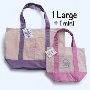 Trader Joes Large Purple Canvas Tote and 1 MINI Pink Canvas Tote NWT